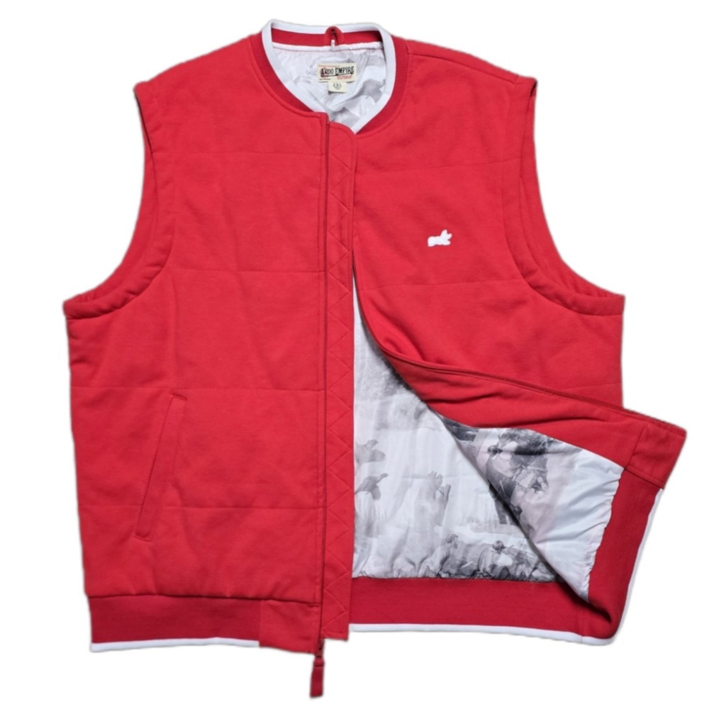 AKOO Cotton Puffer Vest Y2K Red White Full Zip Mens‎ 2XL Lined Hunt Club EUC